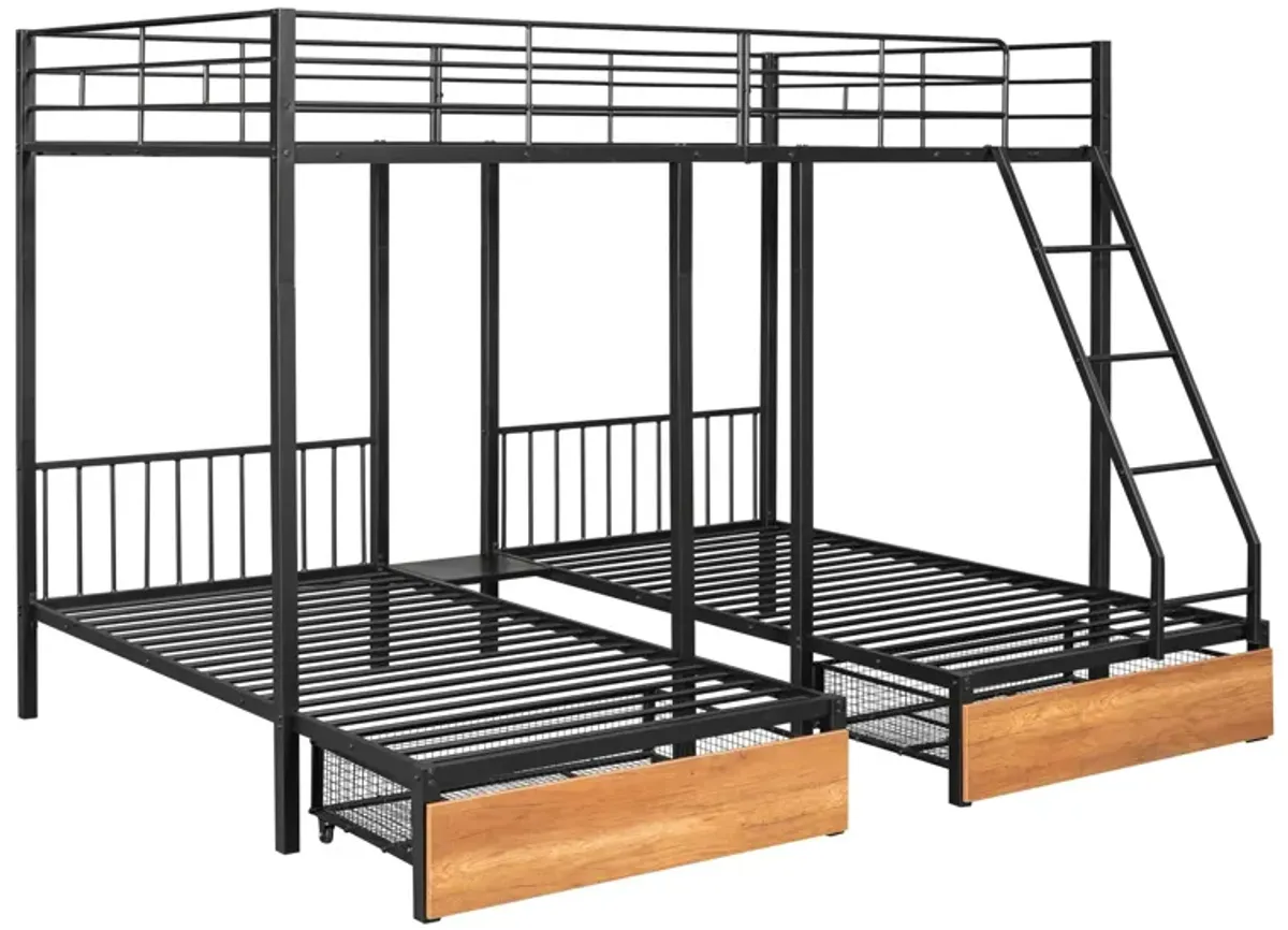 Bunk Bed, Metal Triple Bunk Bed With Drawers And Guardrails