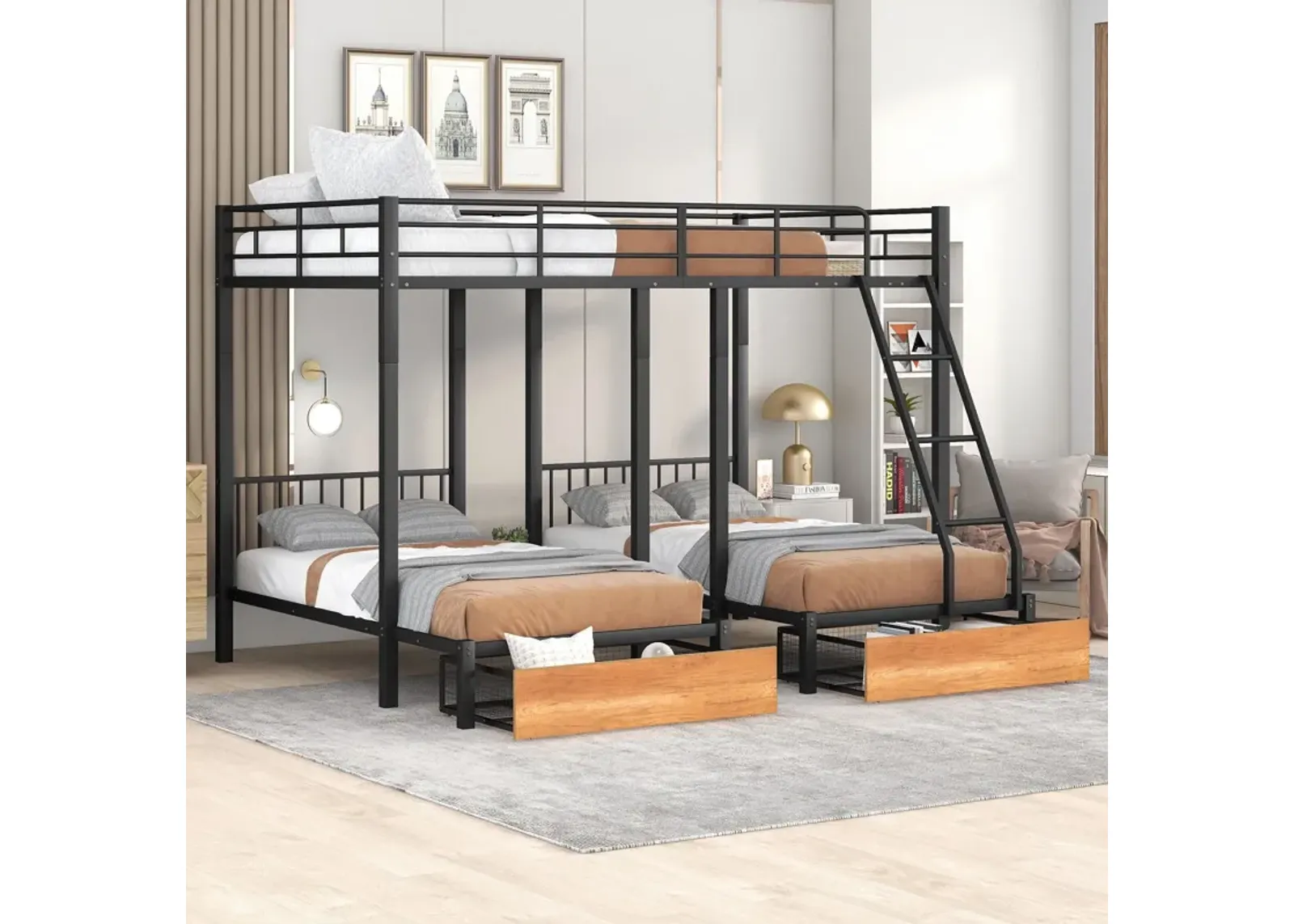 Bunk Bed, Metal Triple Bunk Bed With Drawers And Guardrails