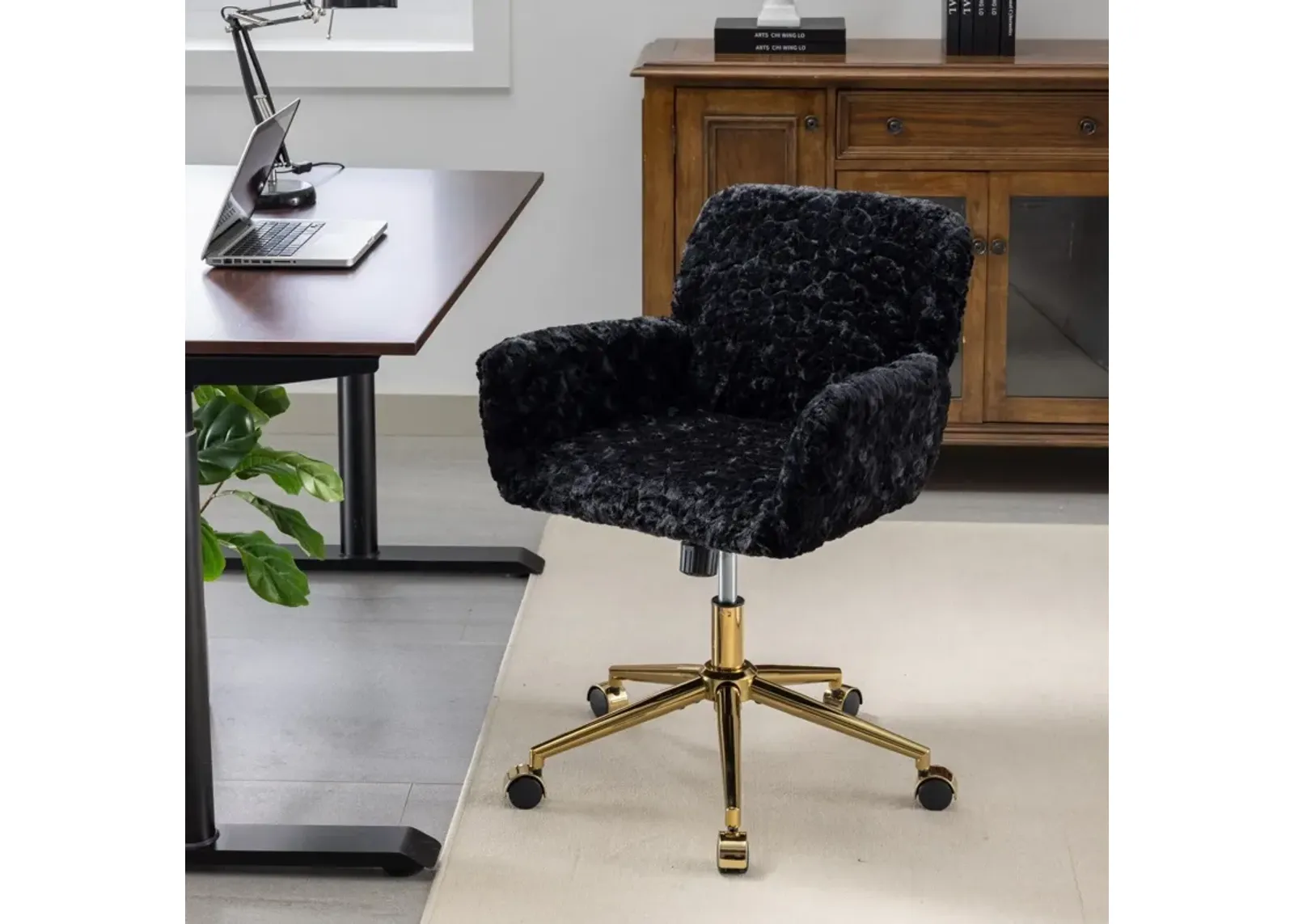 Office Chair, Artificial Rabbit Hair Home Office Chair With Golden Metal Base, Adjustable Desk Chair Swivel Office Chair, Vanity Chair