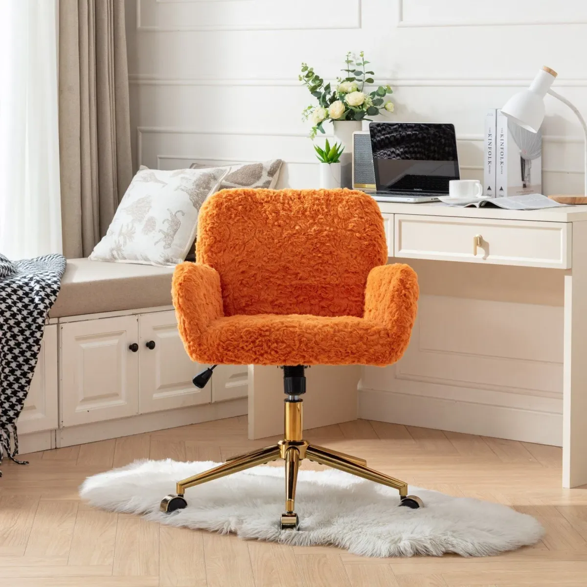 Office Chair, Artificial Rabbit Hair Home Office Chair With Golden Metal Base, Adjustable Desk Chair Swivel Office Chair, Vanity Chair