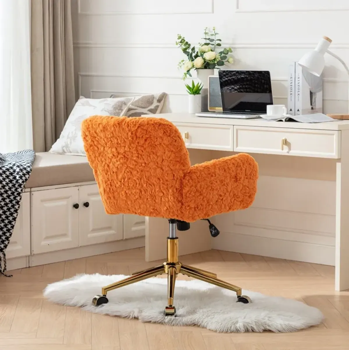 Office Chair, Artificial Rabbit Hair Home Office Chair With Golden Metal Base, Adjustable Desk Chair Swivel Office Chair, Vanity Chair