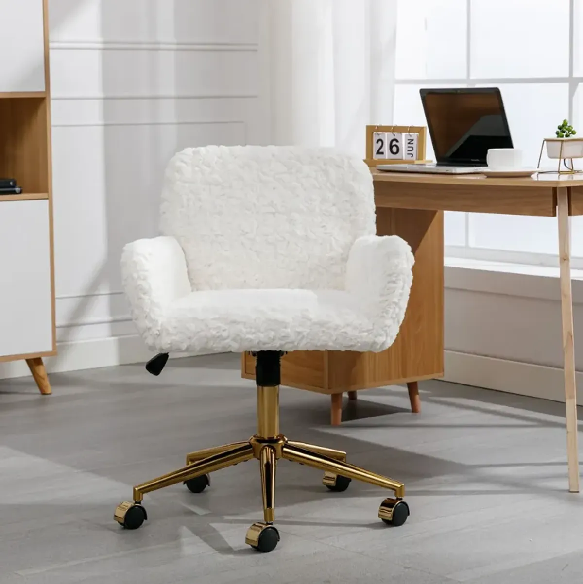 Office Chair, Artificial Rabbit Hair Home Office Chair With Golden Metal Base, Adjustable Desk Chair Swivel Office Chair, Vanity Chair