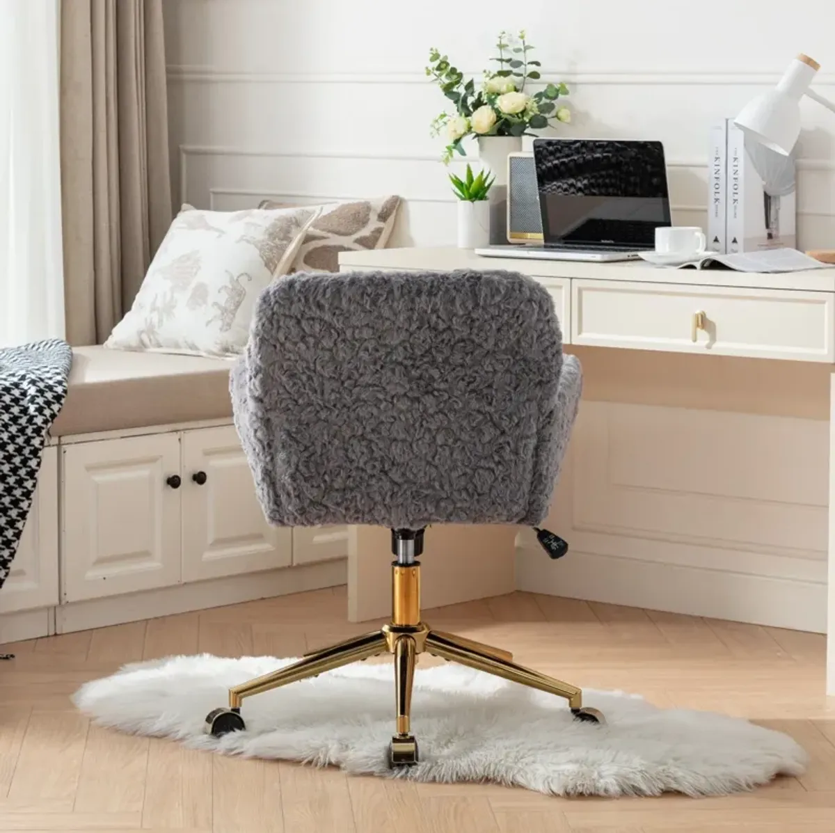 Office Chair, Artificial Rabbit Hair Home Office Chair With Golden Metal Base, Adjustable Desk Chair Swivel Office Chair, Vanity Chair