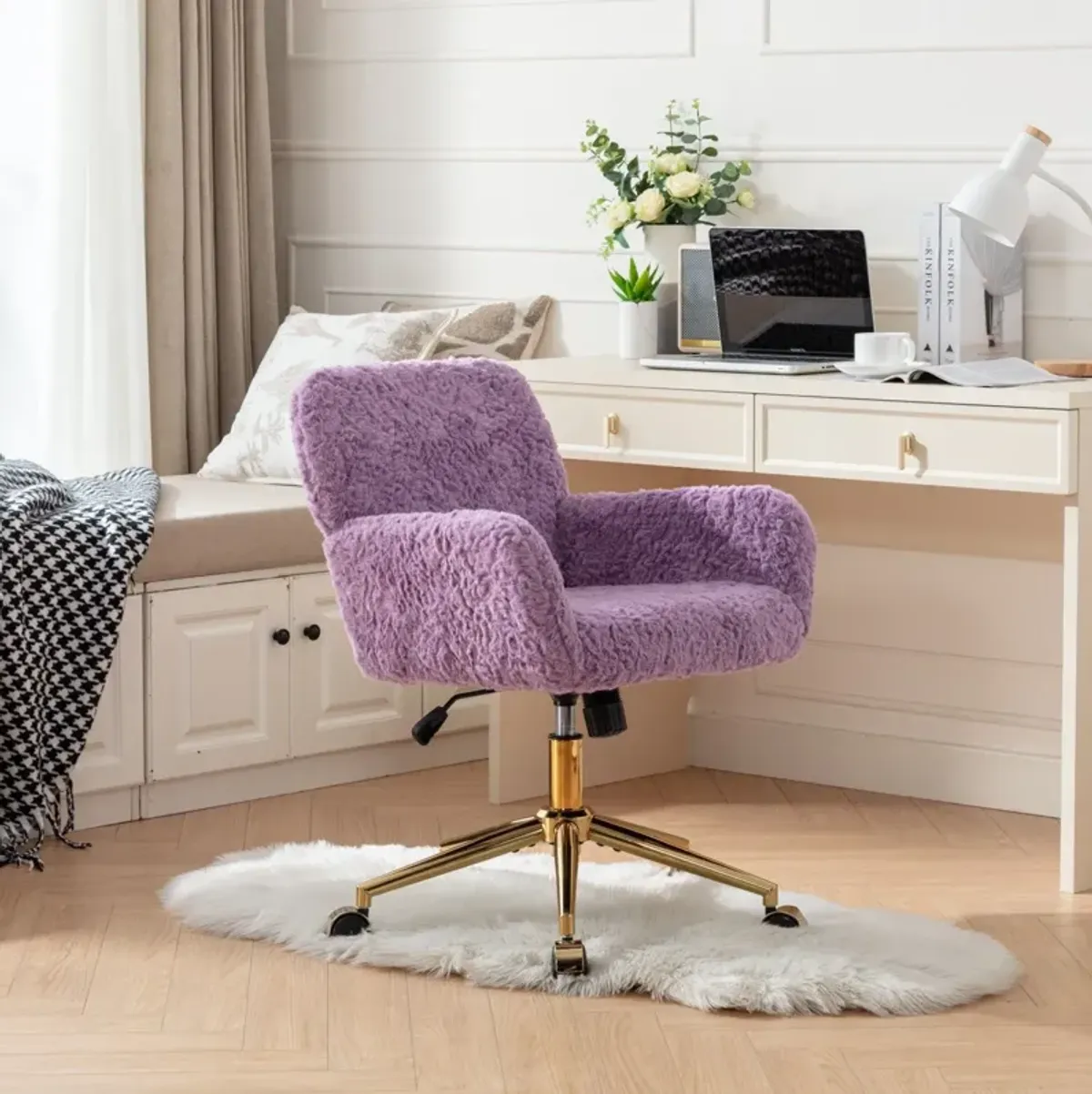 Office Chair, Artificial Rabbit Hair Home Office Chair With Golden Metal Base, Adjustable Desk Chair Swivel Office Chair, Vanity Chair