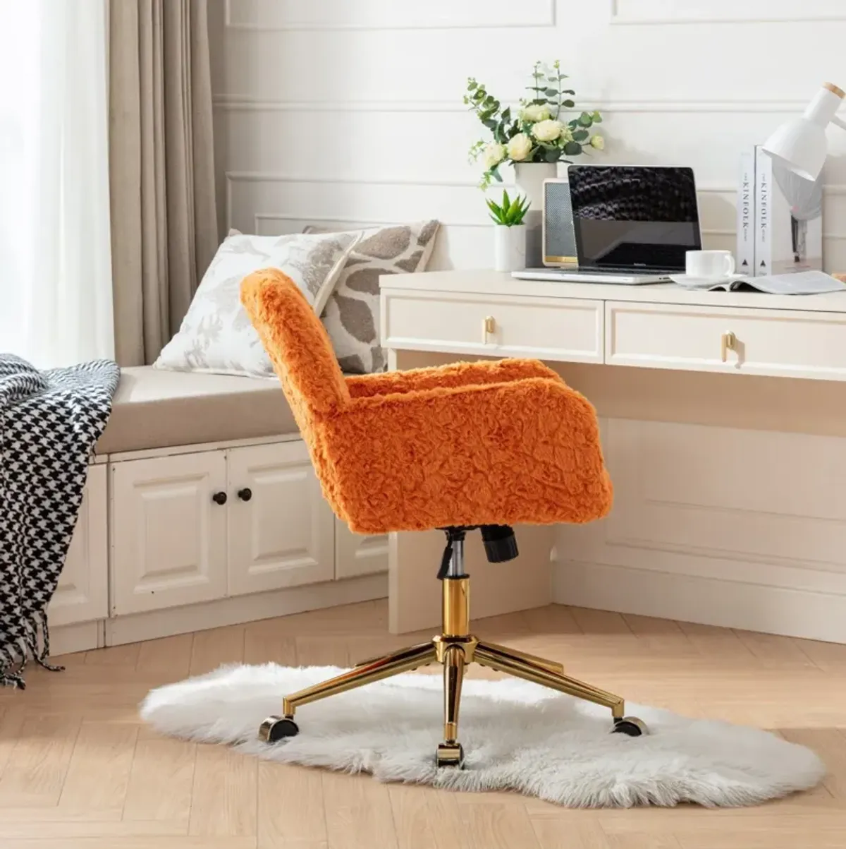 Office Chair, Artificial Rabbit Hair Home Office Chair With Golden Metal Base, Adjustable Desk Chair Swivel Office Chair, Vanity Chair