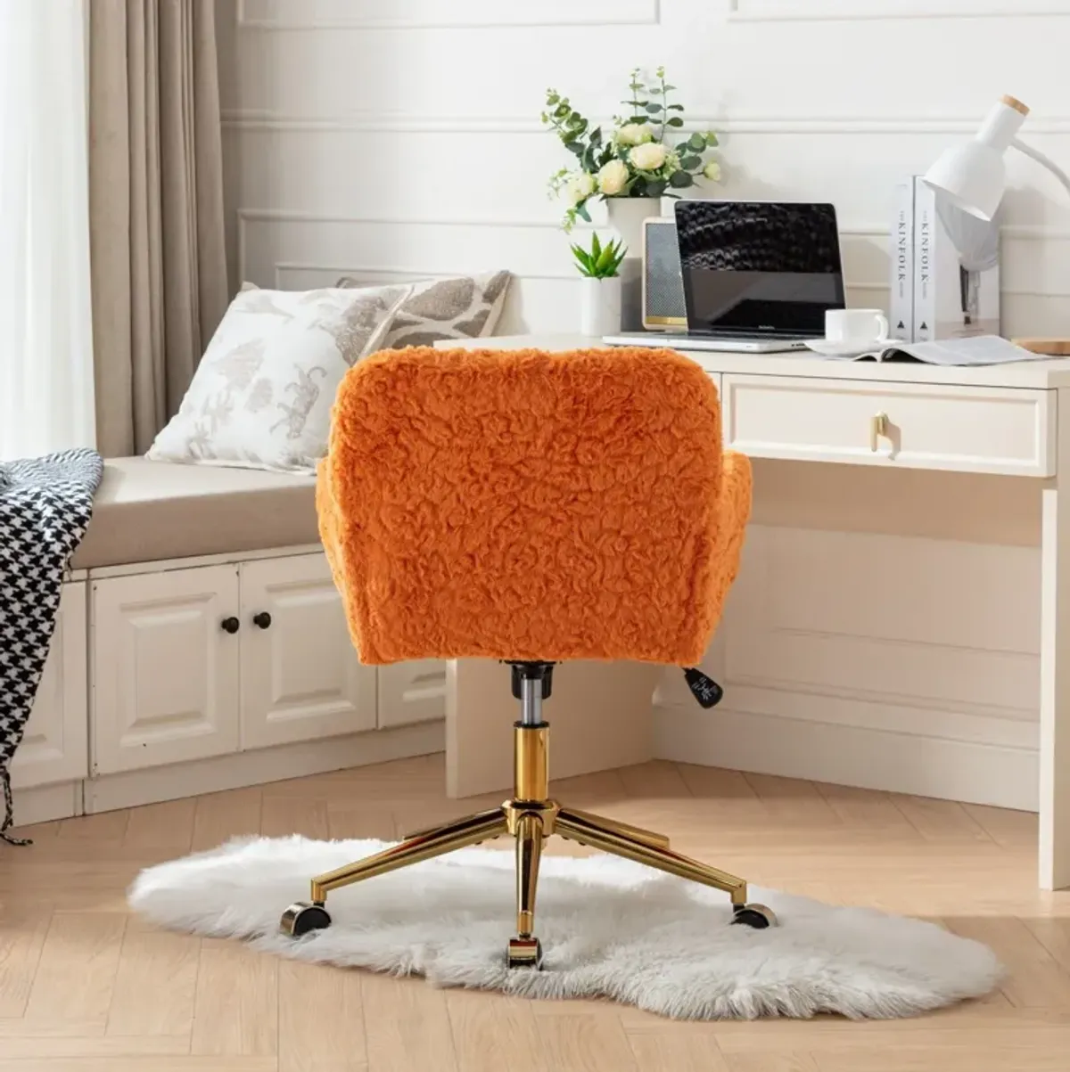 Office Chair, Artificial Rabbit Hair Home Office Chair With Golden Metal Base, Adjustable Desk Chair Swivel Office Chair, Vanity Chair