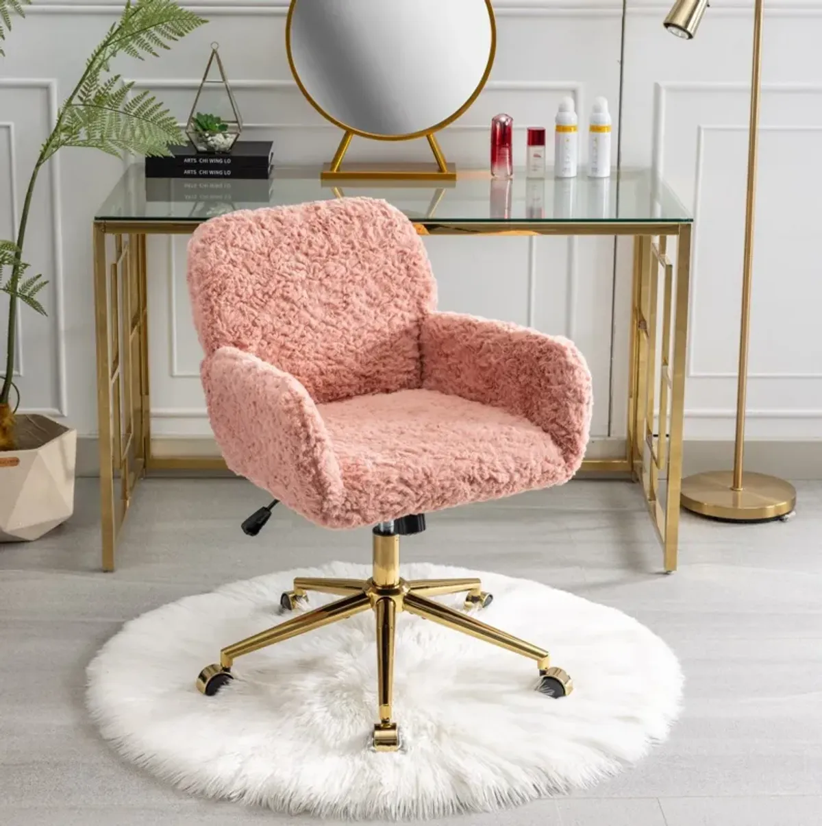 Office Chair, Artificial Rabbit Hair Home Office Chair With Golden Metal Base, Adjustable Desk Chair Swivel Office Chair, Vanity Chair