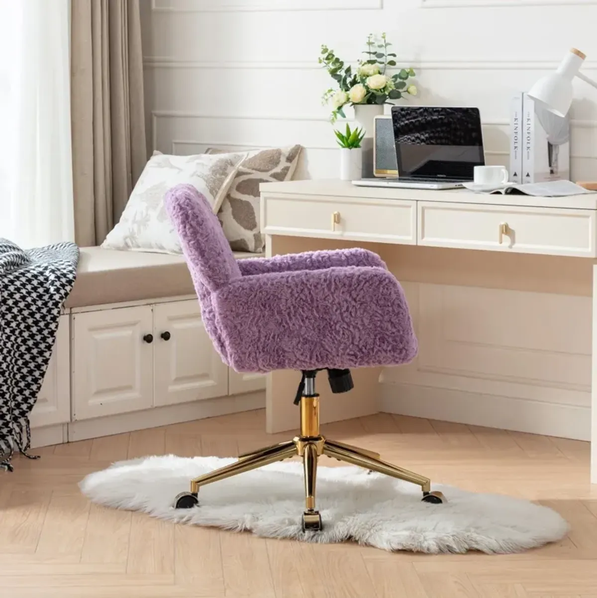 Office Chair, Artificial Rabbit Hair Home Office Chair With Golden Metal Base, Adjustable Desk Chair Swivel Office Chair, Vanity Chair