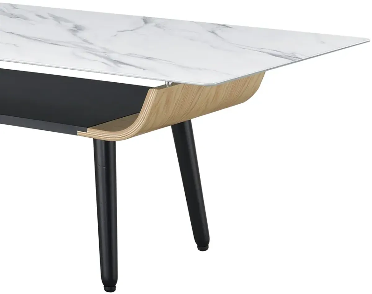 Landon - Coffee Table With Glass Marble Texture Top And Bent Wood Design