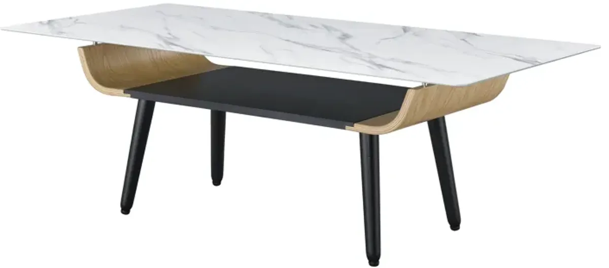 Landon - Coffee Table With Glass Marble Texture Top And Bent Wood Design