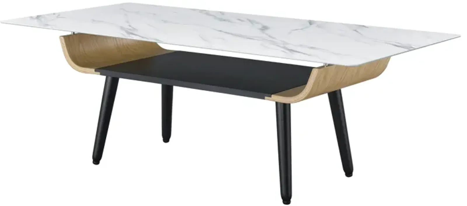 Landon - Coffee Table With Glass Marble Texture Top And Bent Wood Design