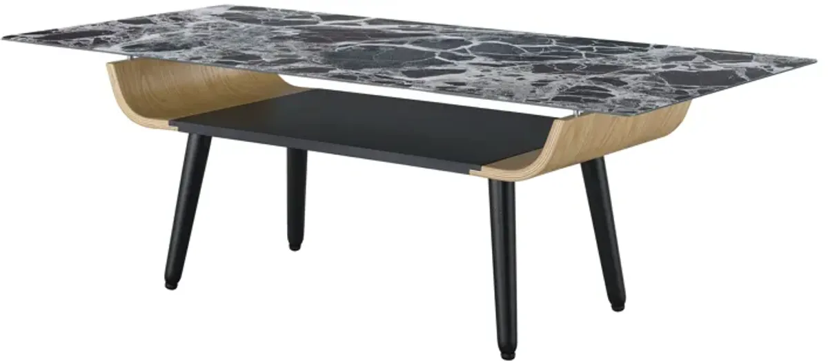 Landon - Coffee Table With Glass Marble Texture Top And Bent Wood Design