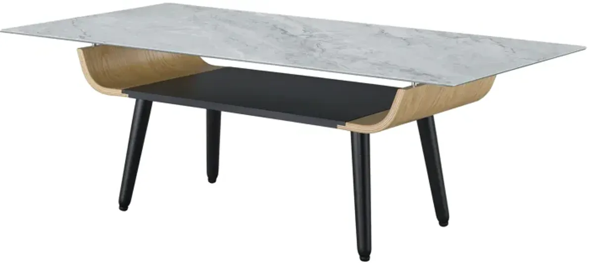 Landon - Coffee Table With Glass Marble Texture Top And Bent Wood Design