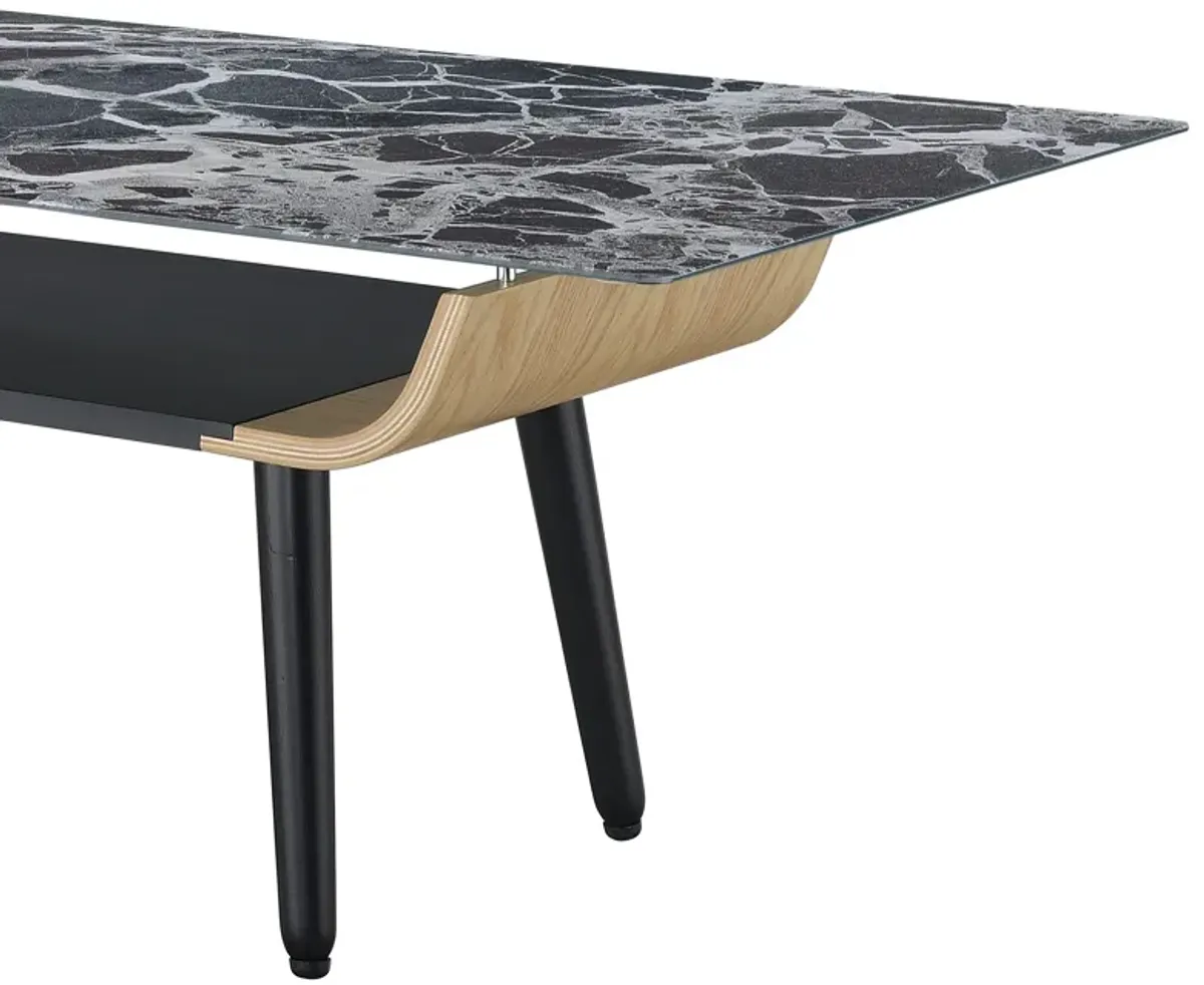 Landon - Coffee Table With Glass Marble Texture Top And Bent Wood Design