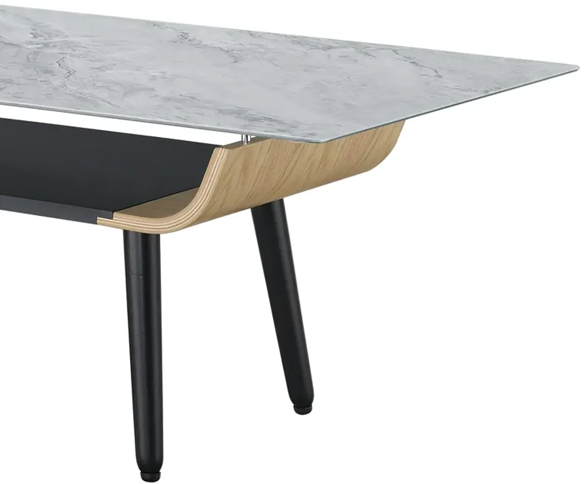 Landon - Coffee Table With Glass Marble Texture Top And Bent Wood Design