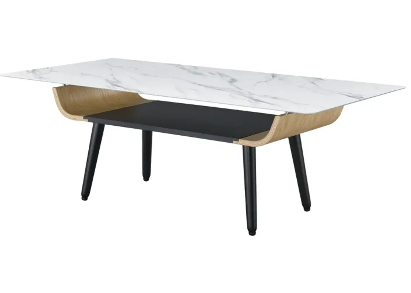 Landon - Coffee Table With Glass Marble Texture Top And Bent Wood Design