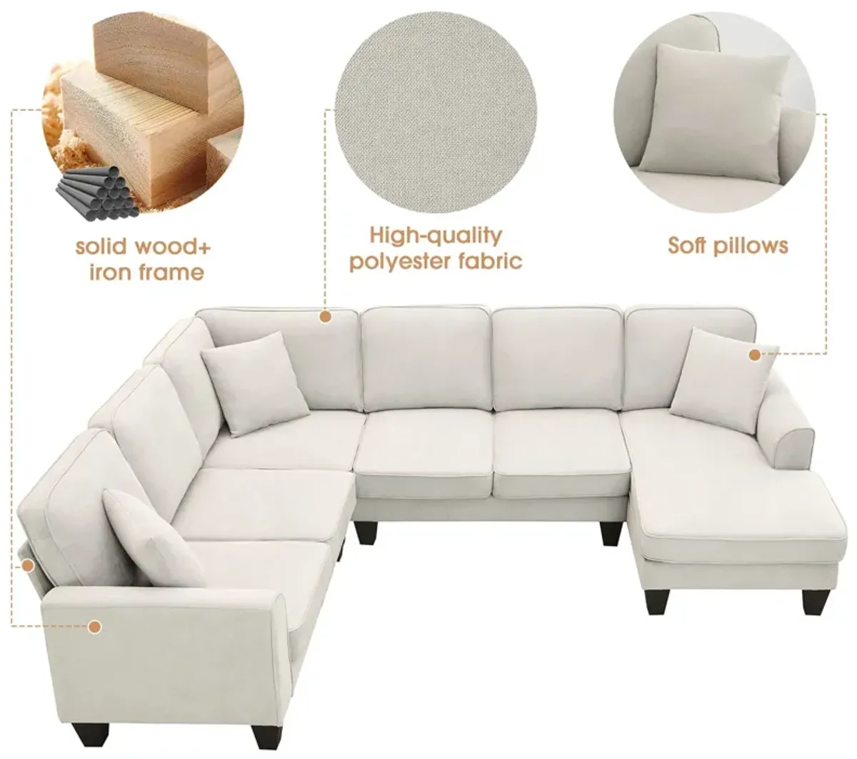 Modern U Shape Sectional Sofa, 7 Seat Fabric Sectional Sofa Set With 3 Pillows Included For Living Room, Apartment, Office