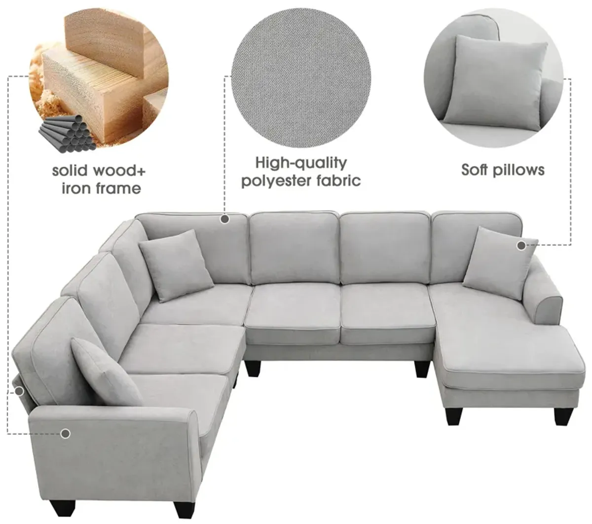 Modern U Shape Sectional Sofa, 7 Seat Fabric Sectional Sofa Set With 3 Pillows Included For Living Room, Apartment, Office