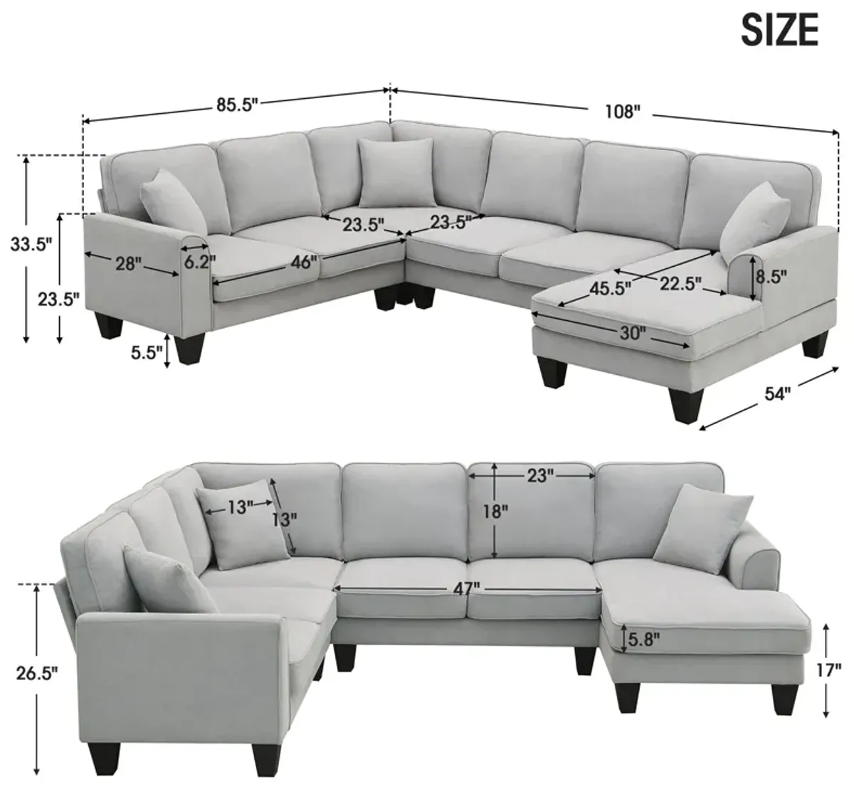 Modern U Shape Sectional Sofa, 7 Seat Fabric Sectional Sofa Set With 3 Pillows Included For Living Room, Apartment, Office