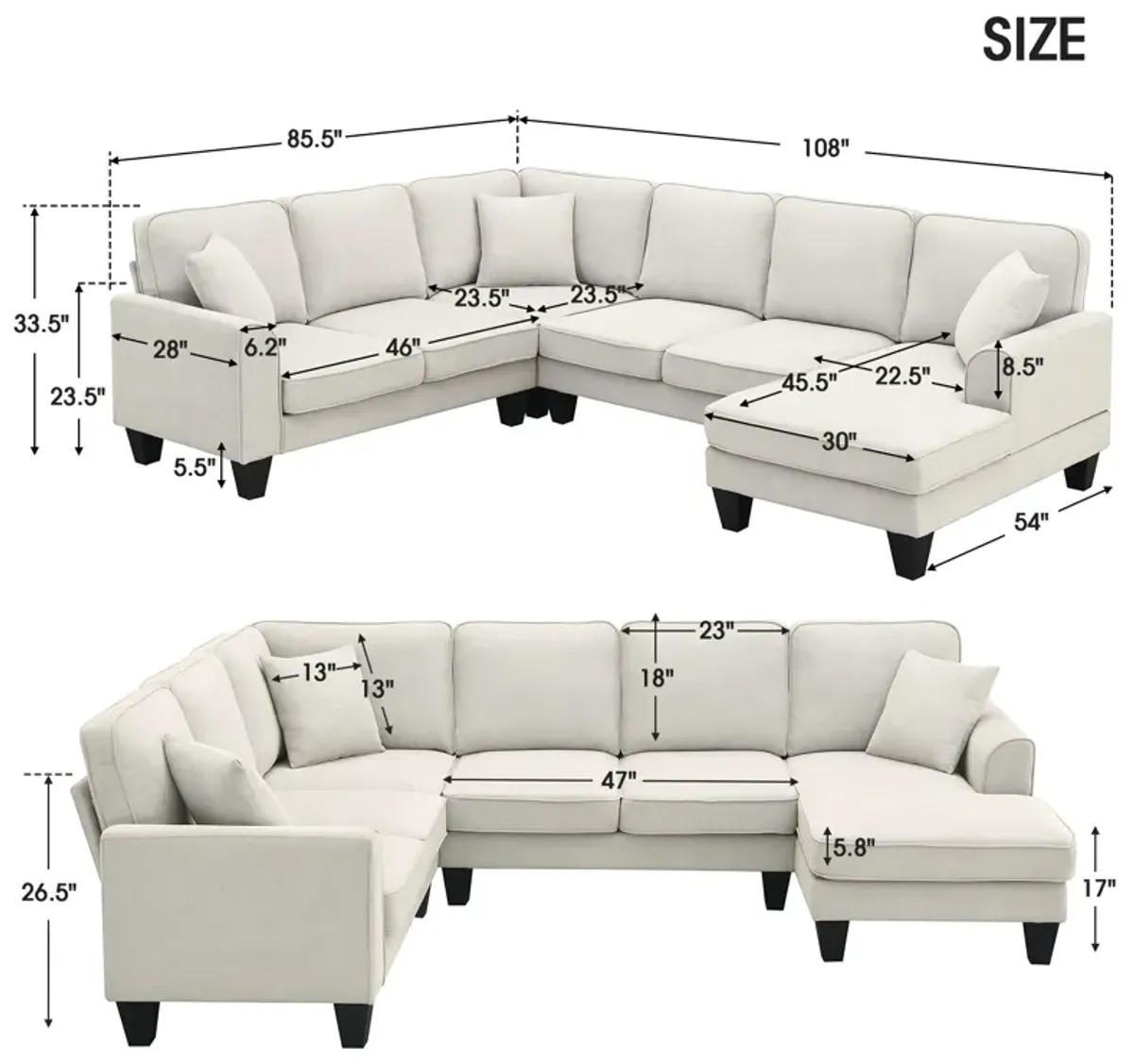 Modern U Shape Sectional Sofa, 7 Seat Fabric Sectional Sofa Set With 3 Pillows Included For Living Room, Apartment, Office