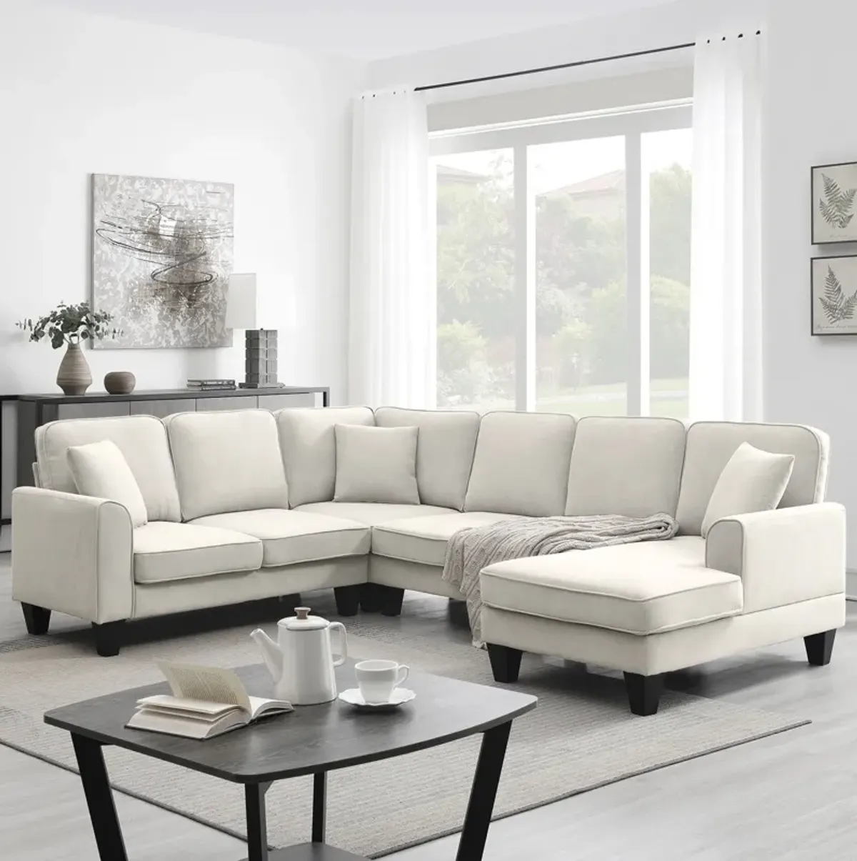 Modern U Shape Sectional Sofa, 7 Seat Fabric Sectional Sofa Set With 3 Pillows Included For Living Room, Apartment, Office