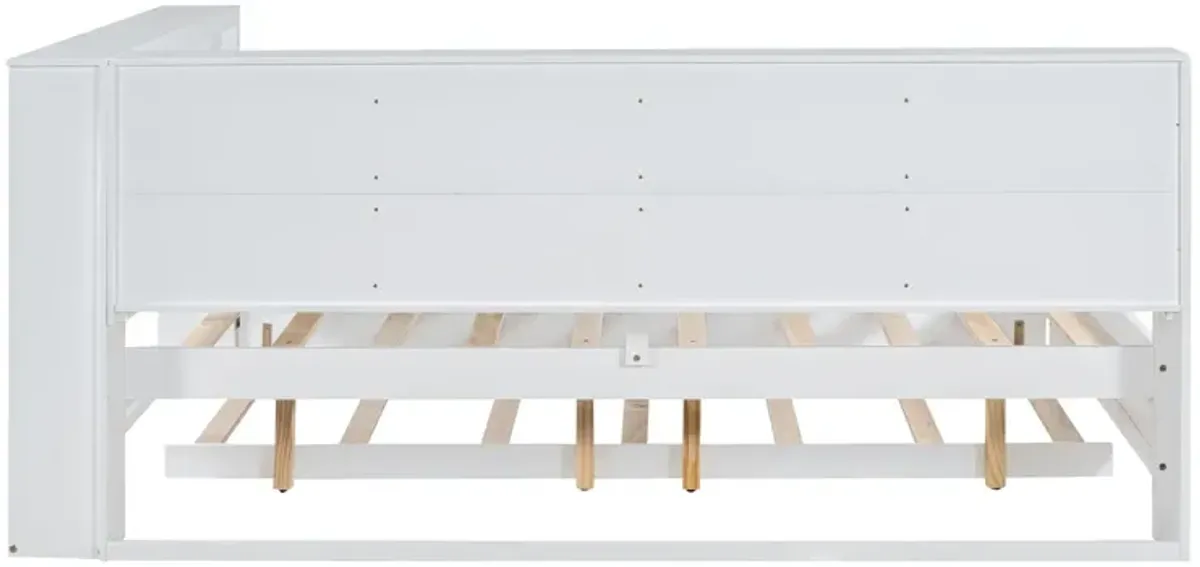 Wooden Full Size Daybed With Twin Size Trundle, Daybed With Storage Shelf And USB Charging Ports - White