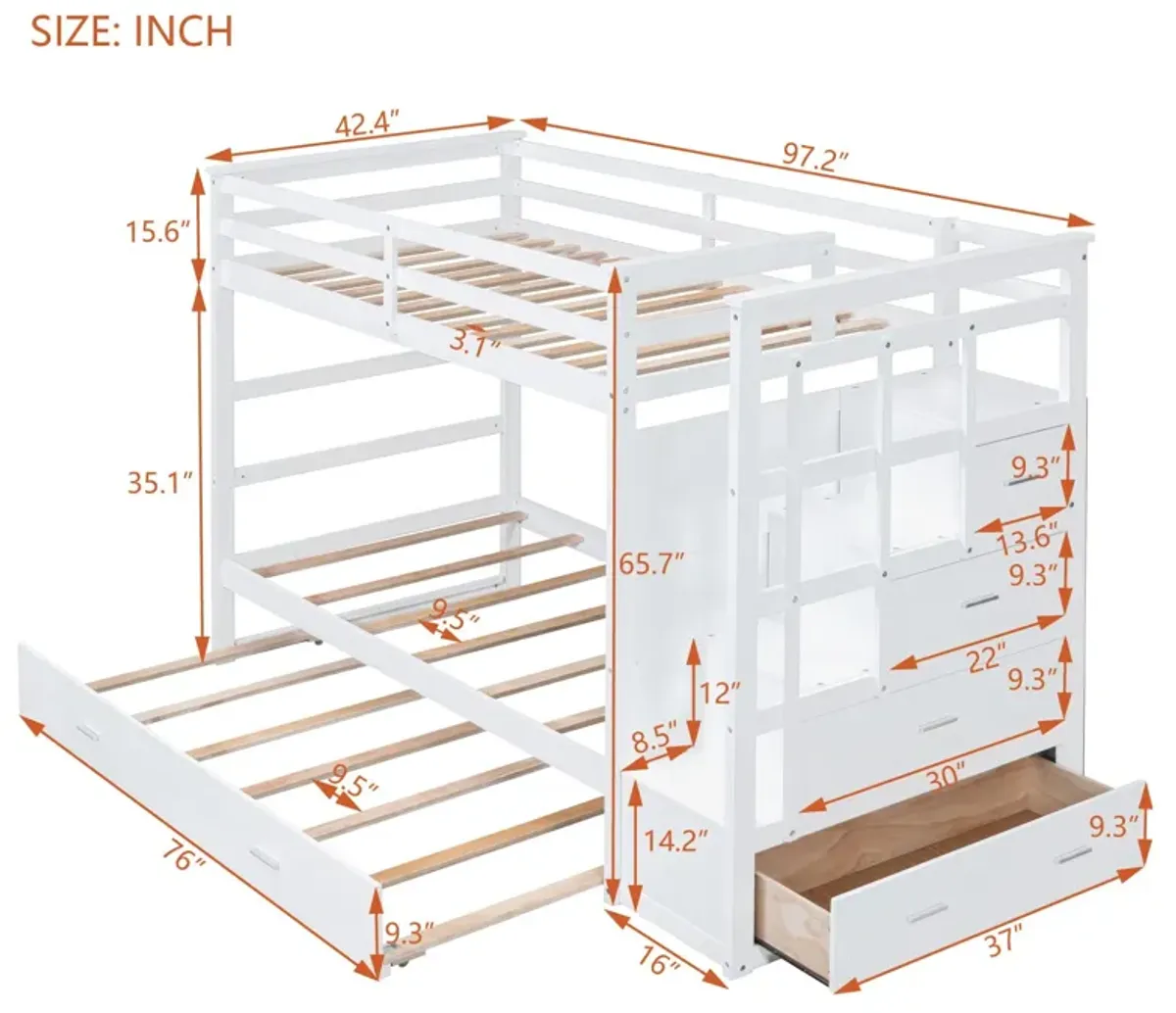 Twin Over Twin Bunk Bed With Trundle And Staircase - White