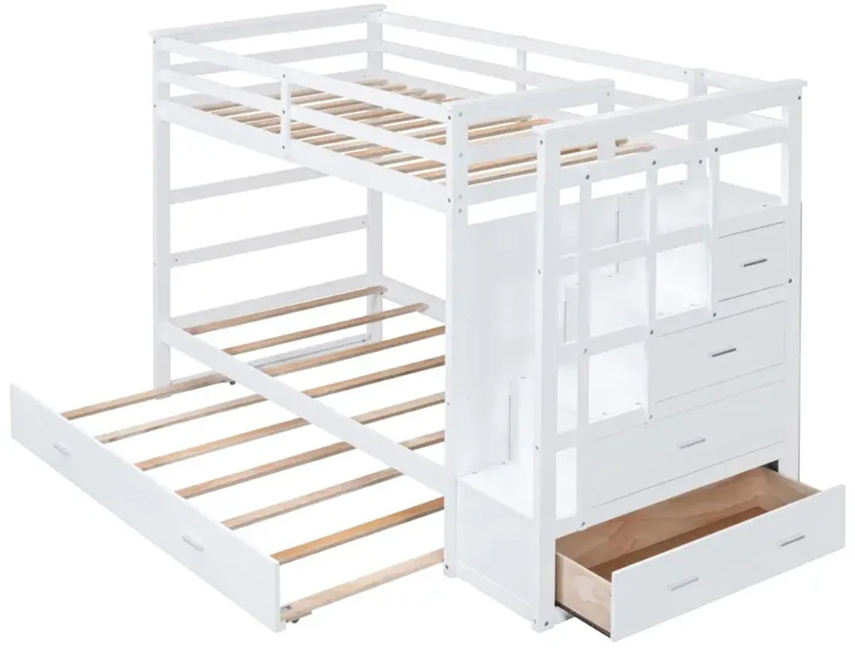 Twin Over Twin Bunk Bed With Trundle And Staircase - White