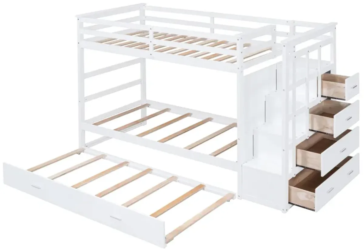 Twin Over Twin Bunk Bed With Trundle And Staircase - White