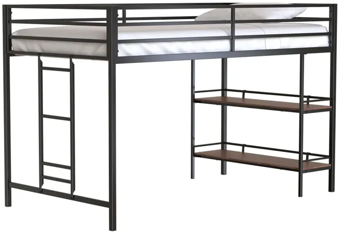 Adam - Junior Twin Loft Bunk Bed With Cinnamon Wood Shelf - Black