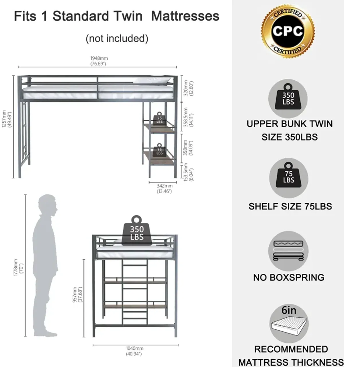 Adam - Junior Twin Loft Bunk Bed With Cinnamon Wood Shelf - Black