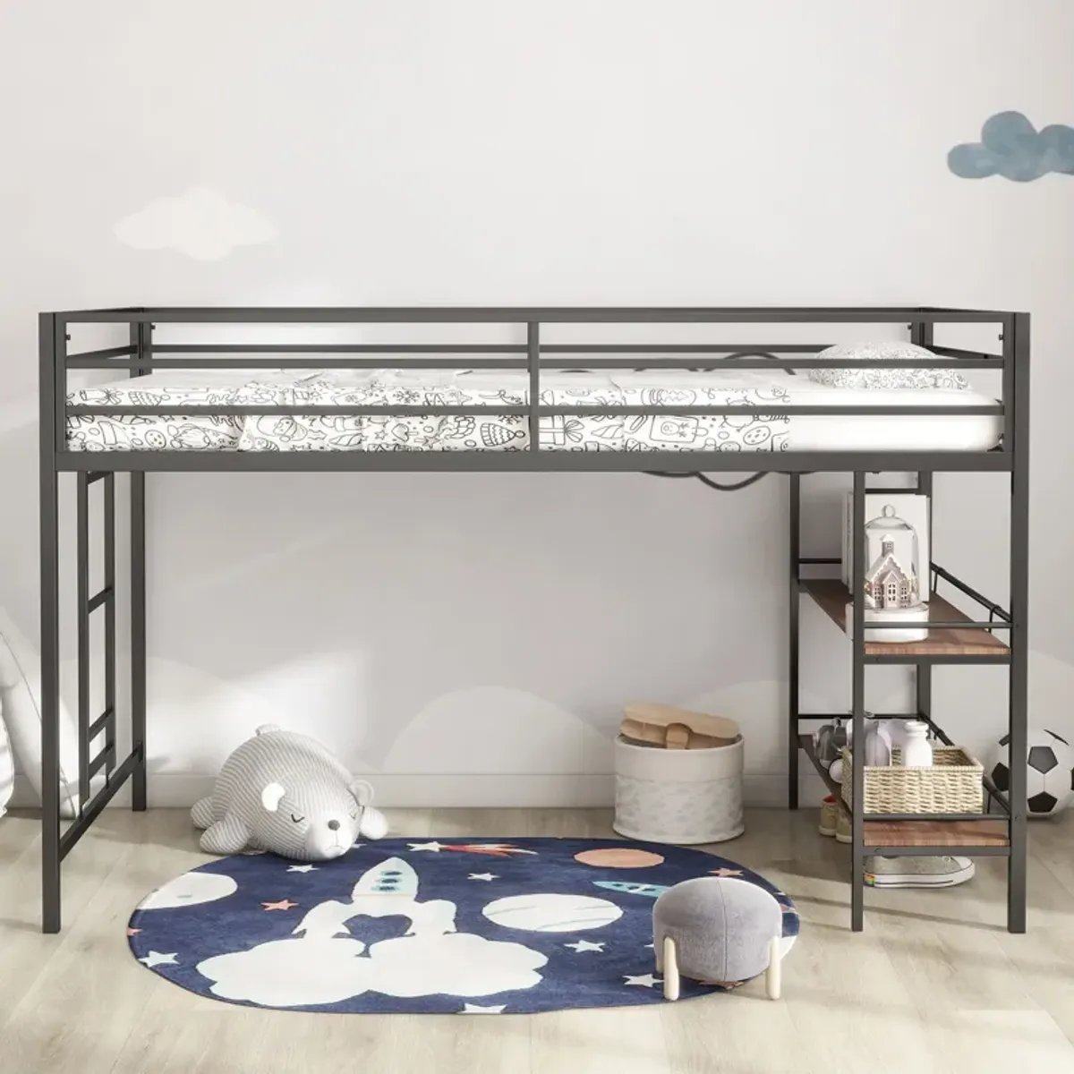 Adam - Junior Twin Loft Bunk Bed With Cinnamon Wood Shelf - Black