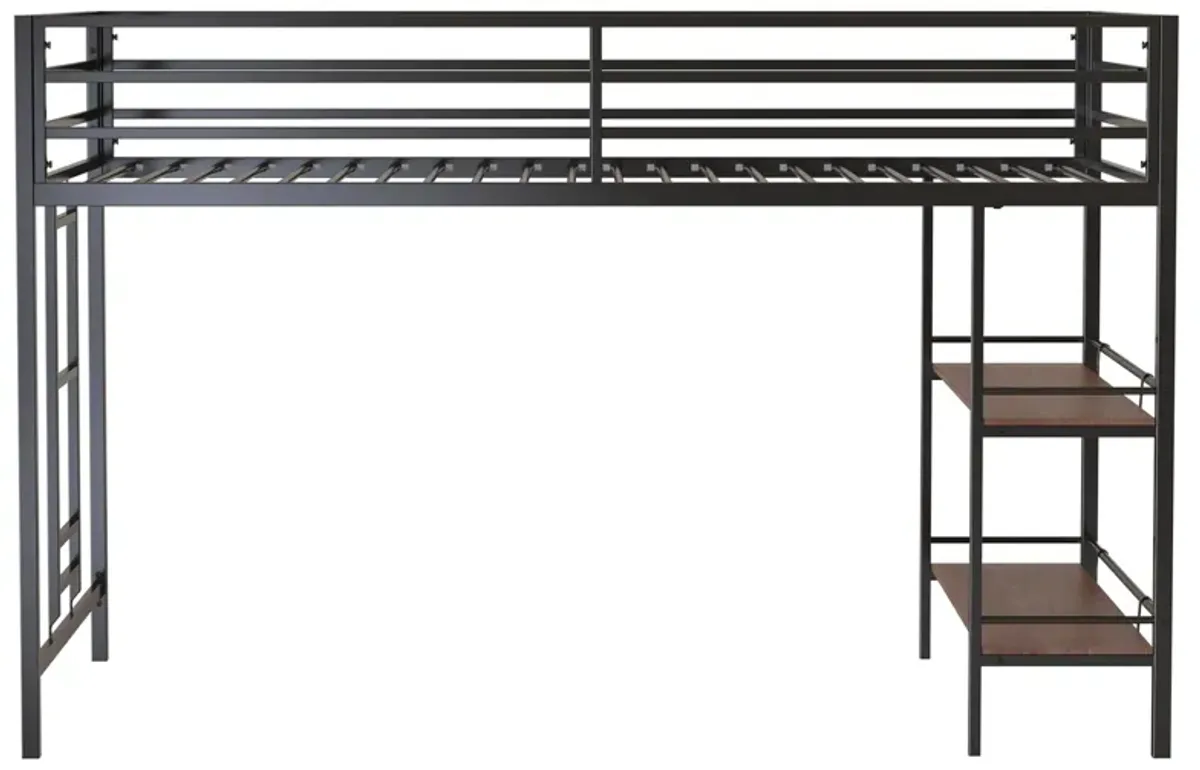 Adam - Junior Twin Loft Bunk Bed With Cinnamon Wood Shelf - Black