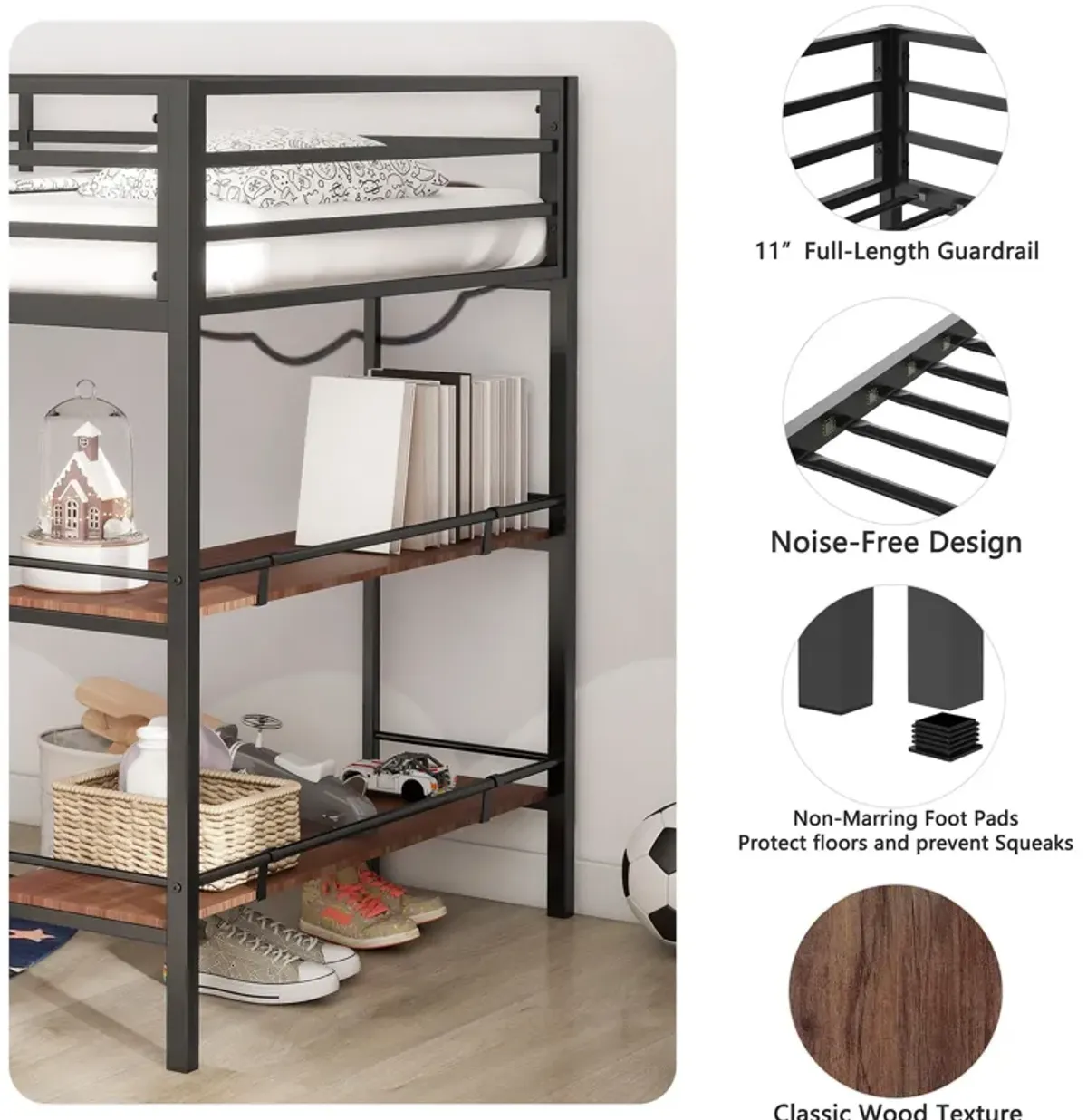 Adam - Junior Twin Loft Bunk Bed With Cinnamon Wood Shelf - Black