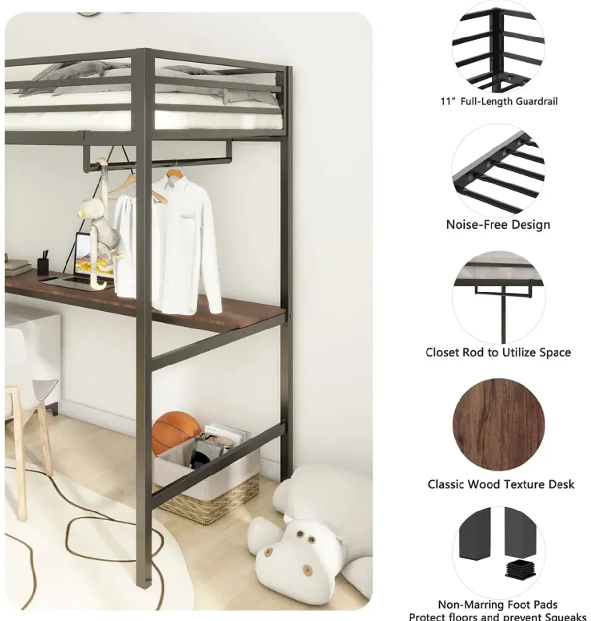 Adam - Twin Loft Bunk Bed With Cinnamon Wood Desk And Closet Rod - Black