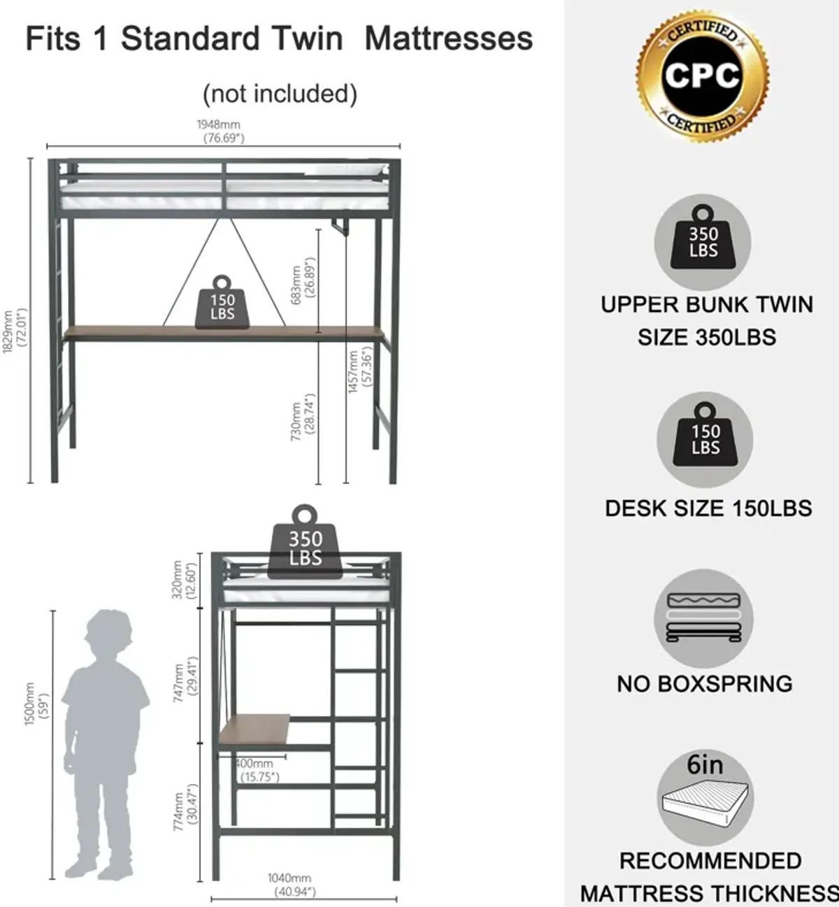 Adam - Twin Loft Bunk Bed With Cinnamon Wood Desk And Closet Rod - Black