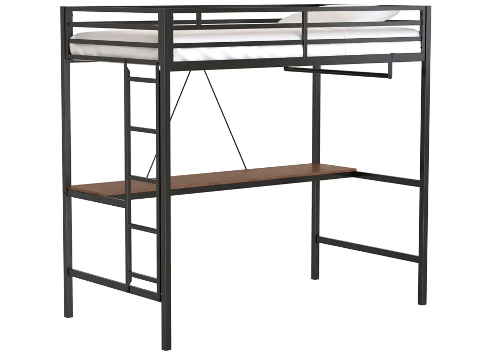 Adam - Twin Loft Bunk Bed With Cinnamon Wood Desk And Closet Rod - Black