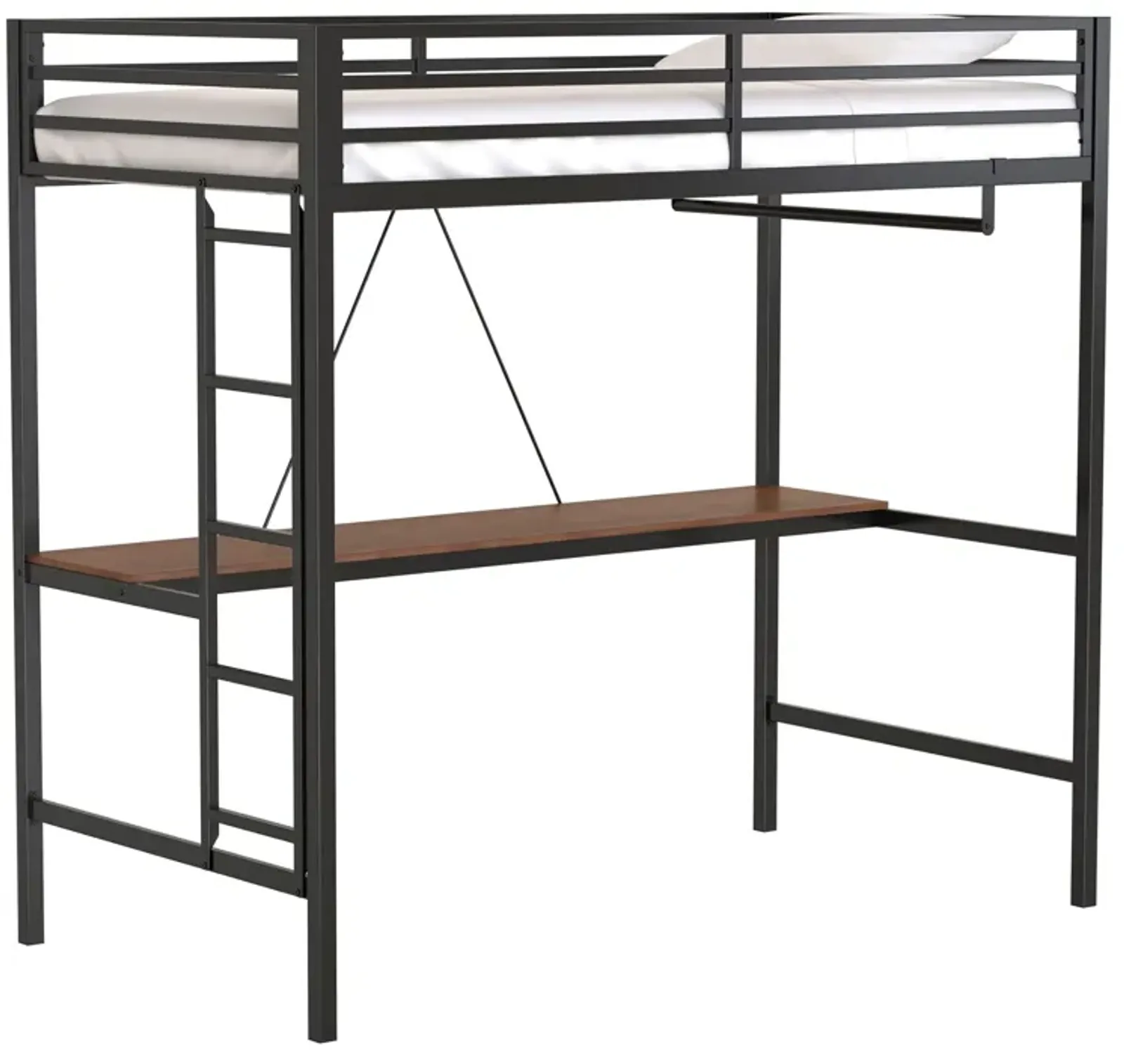 Adam - Twin Loft Bunk Bed With Cinnamon Wood Desk And Closet Rod - Black