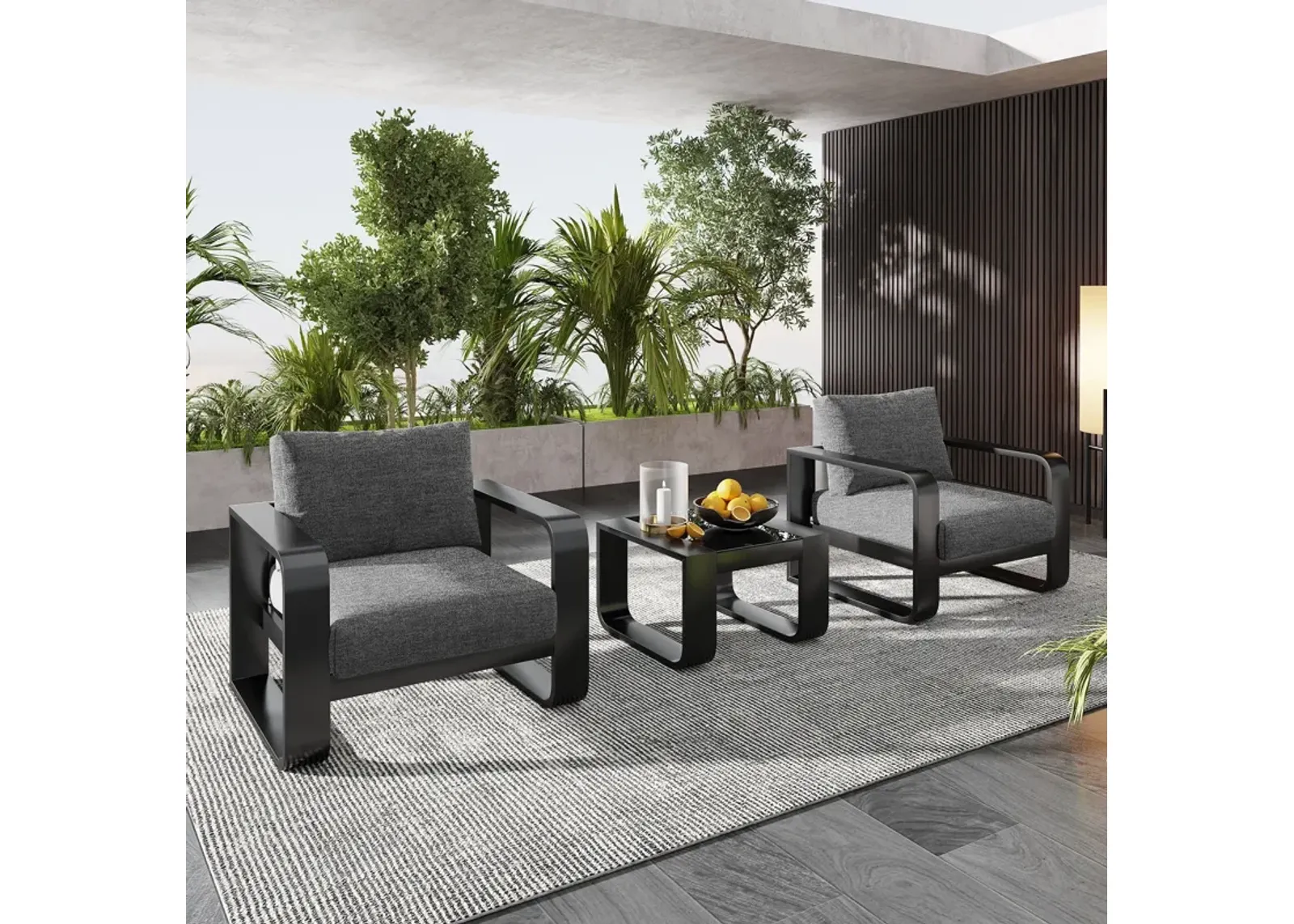 3 Piece Aluminum Frame Patio Furniture With 6.7" Thick Cushion And Coffee Table, All Weather Use Olefin Fabric Outdoor Chair - Gray / Black