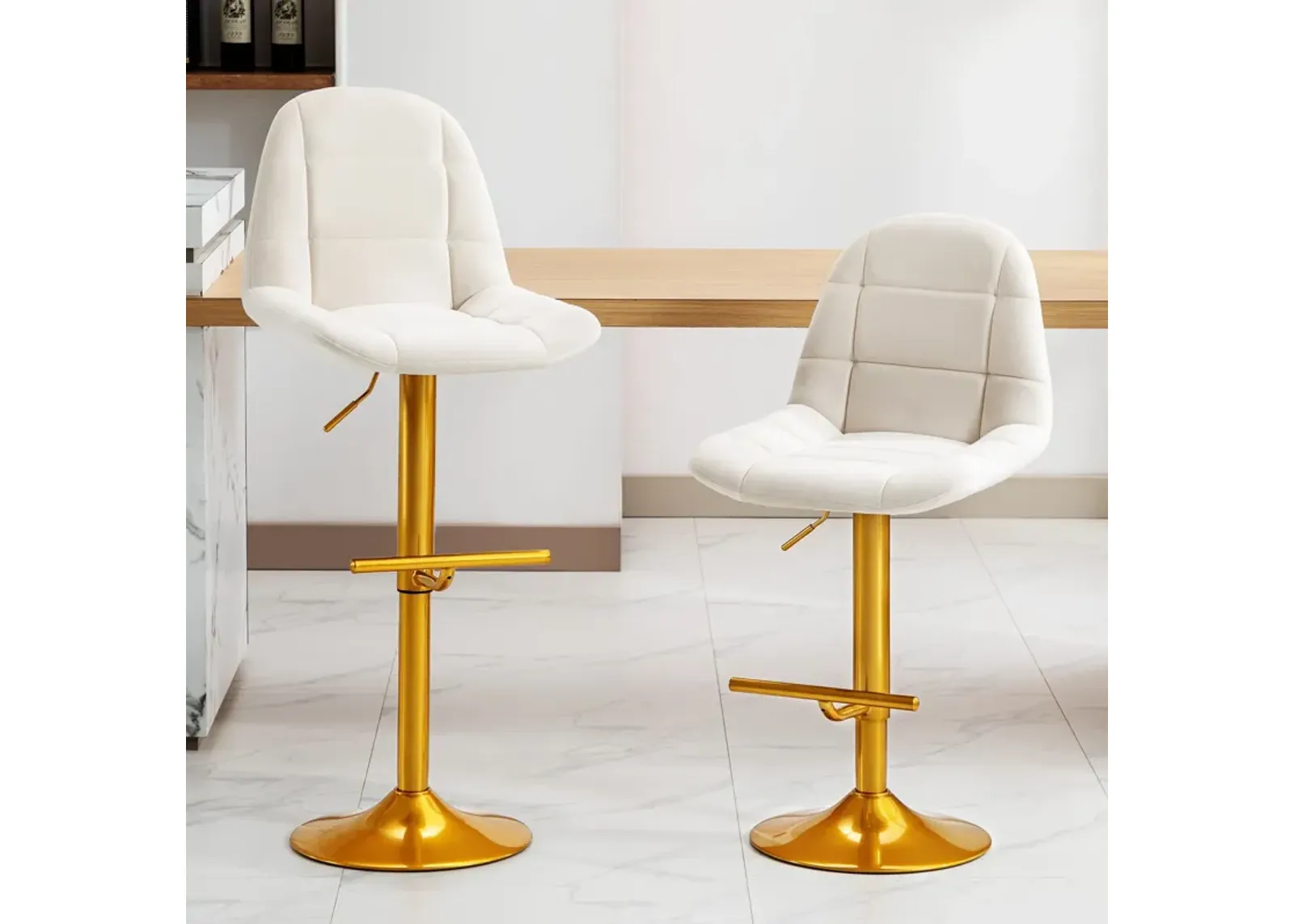 Velvet Swive Bar Stools Adjustable Counter Height Bar Chairs With Back Gold Base Modern Stool Chair For Kitchen Island Dining Room (Set of 2) - White