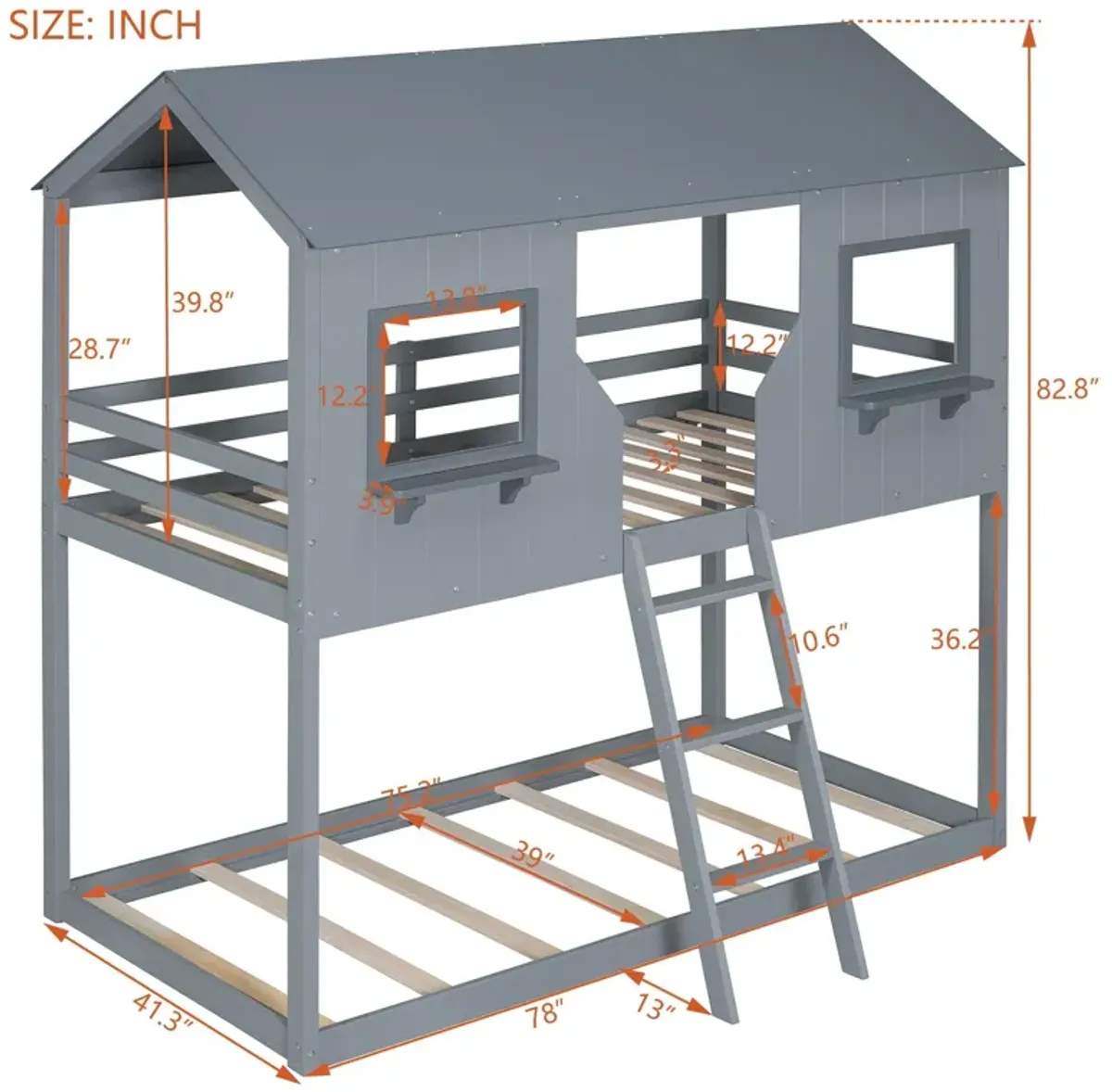 78" Twin Over Twin Bunk Bed Wood Bed With Roof, Window, Guardrail, Ladder - Gray