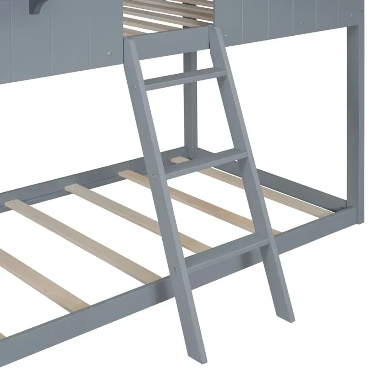 78" Twin Over Twin Bunk Bed Wood Bed With Roof, Window, Guardrail, Ladder - Gray