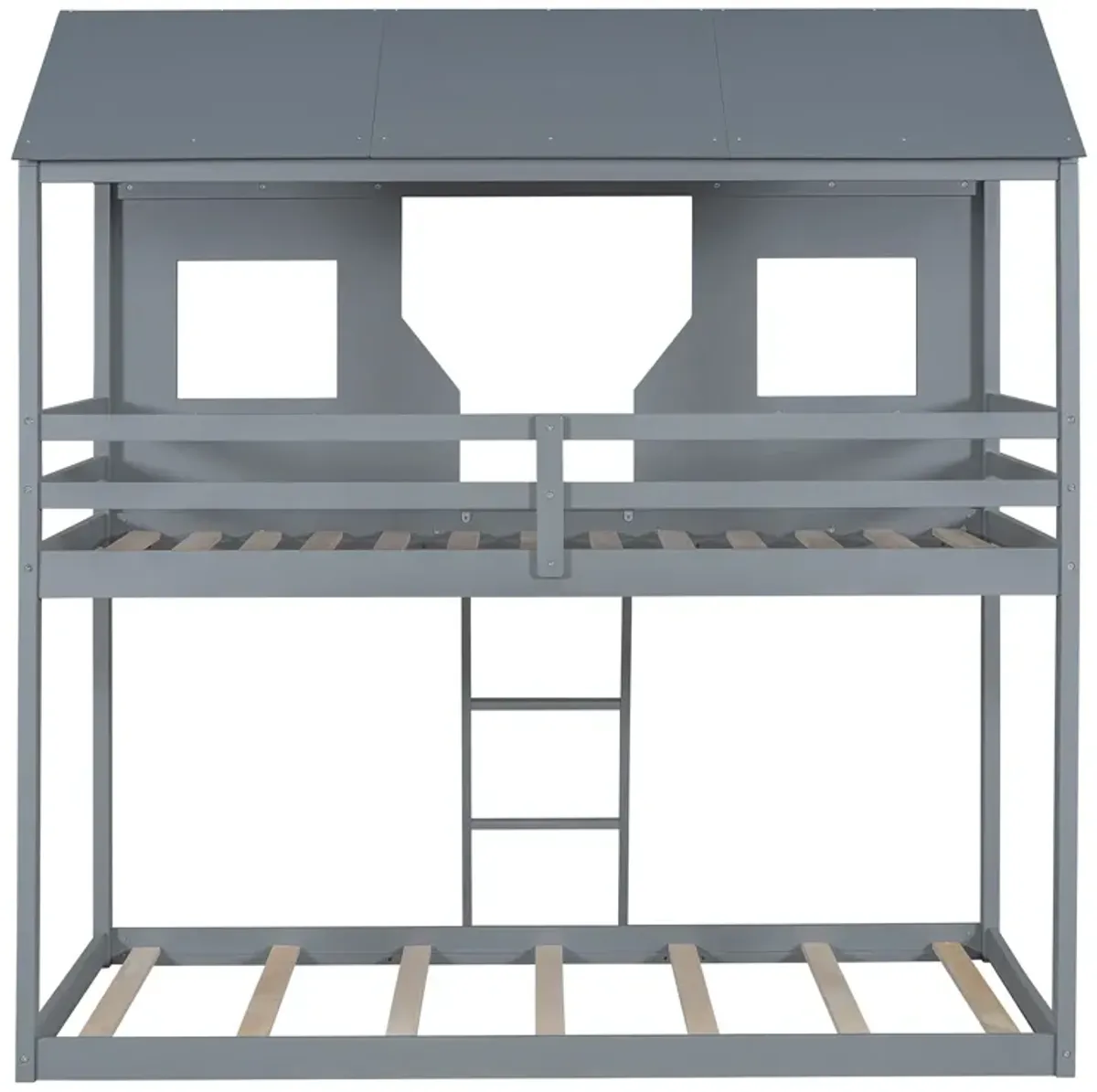 78" Twin Over Twin Bunk Bed Wood Bed With Roof, Window, Guardrail, Ladder - Gray