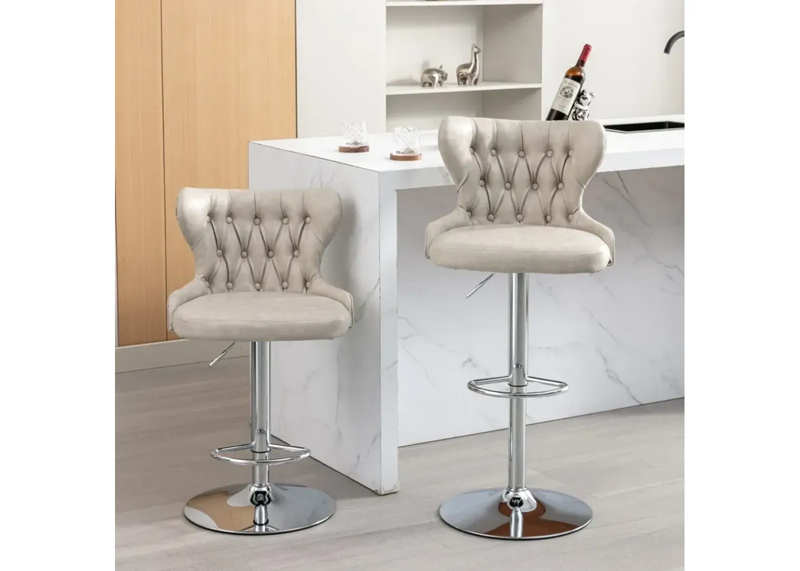 Swivel Barstools Adjusatble Seat Height From 25-33", Modern Upholstered Chrome Base Bar Stools With Backs Comfortable Tufted For Home Pub And Kitchen Island