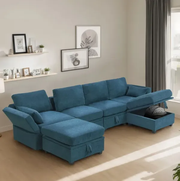 Chenille Modular Sectional Sofa, U Shaped Couch With Adjustable Armrests And Backrests, 6 Seat Reversible Sofa Bed With Storage Seats For Living Room, Apartment