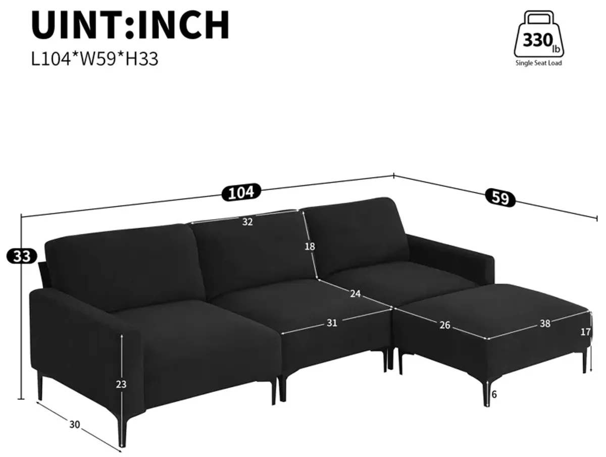 Modern L-Shaped Sectional Sofa, 4-Seat Velvet Fabric Couch Set With Convertible Ottoman, Freely Combinable Sofa For Living Room, Apartment, Office, Apartment