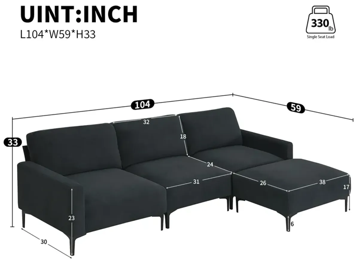 Modern L-Shaped Sectional Sofa, 4-Seat Velvet Fabric Couch Set With Convertible Ottoman, Freely Combinable Sofa For Living Room, Apartment, Office, Apartment