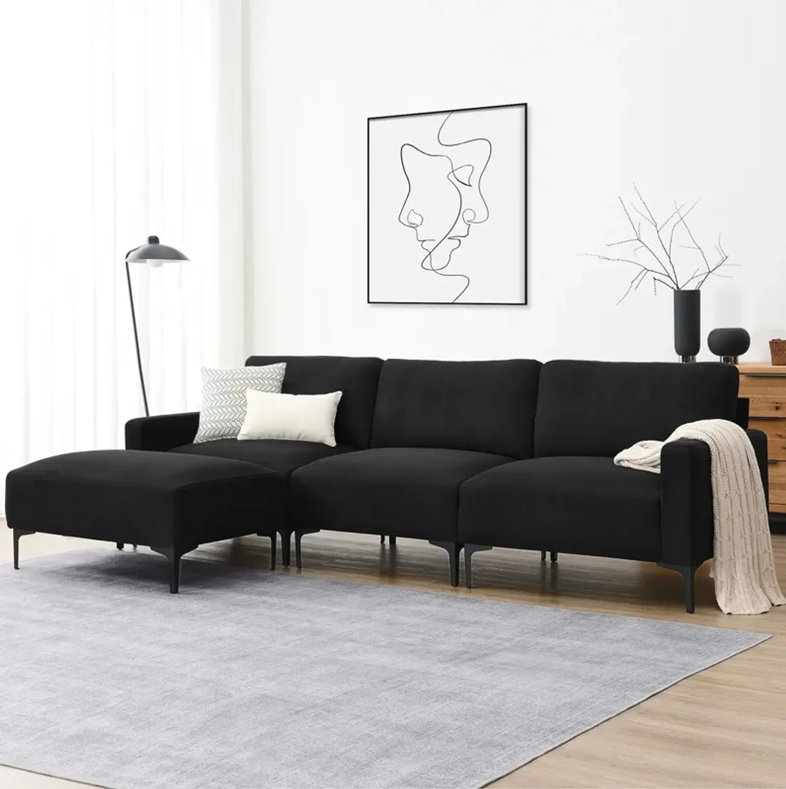 Modern L-Shaped Sectional Sofa, 4-Seat Velvet Fabric Couch Set With Convertible Ottoman, Freely Combinable Sofa For Living Room, Apartment, Office, Apartment