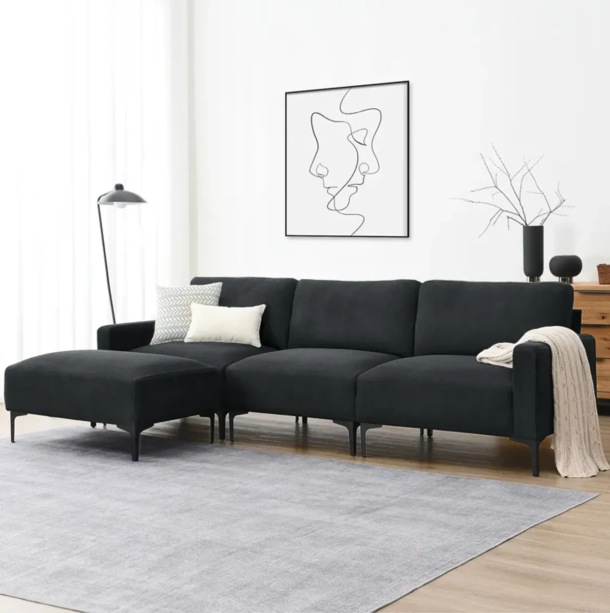 Modern L-Shaped Sectional Sofa, 4-Seat Velvet Fabric Couch Set With Convertible Ottoman, Freely Combinable Sofa For Living Room, Apartment, Office, Apartment