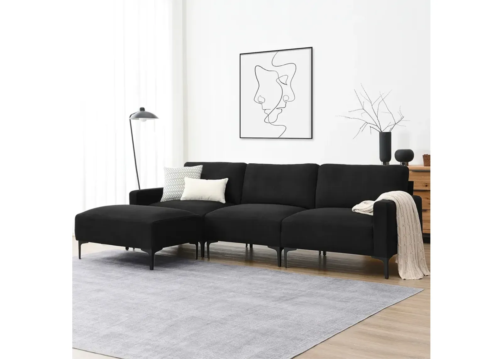 Modern L-Shaped Sectional Sofa, 4-Seat Velvet Fabric Couch Set With Convertible Ottoman, Freely Combinable Sofa For Living Room, Apartment, Office, Apartment